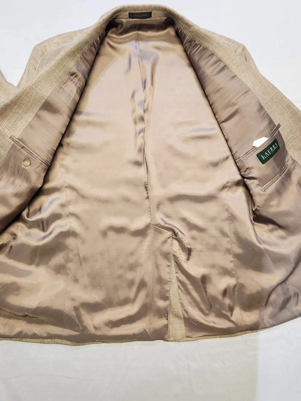 Lauren Ralph Lauren Sport Coat 42R Tan Beige Windowpane Silk Linen Wool slubby